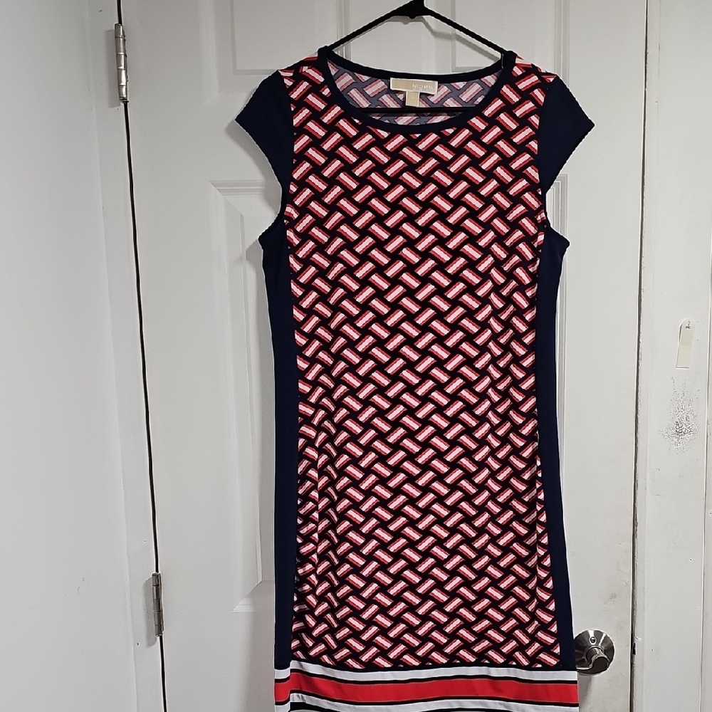 Michael Kors Navy, Red and White Geometric Cap-Sleeve Midi Dress